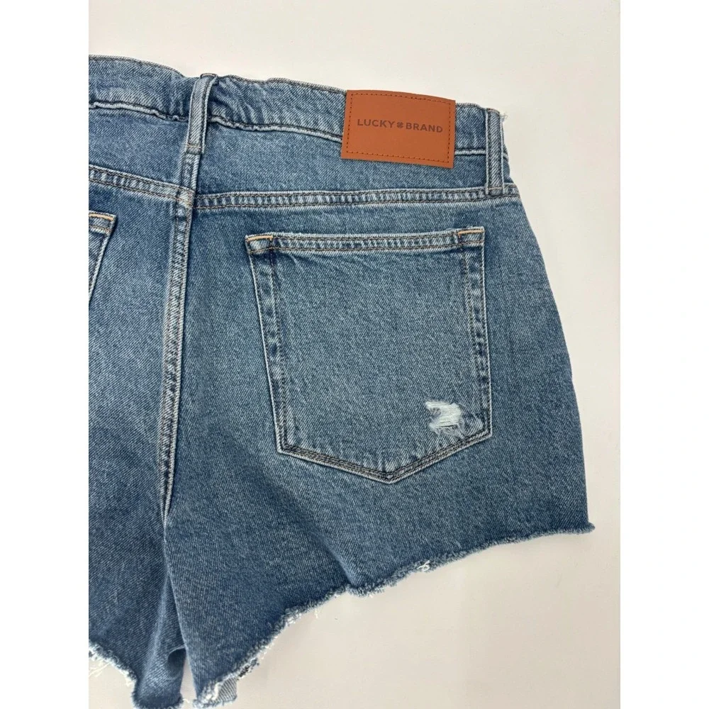 Lucky Brand Mom High Rise Short Womens 10/30 Blue Distressed Denim‎ Frayed Hem